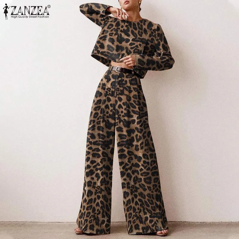 2PC Fashion Leopard Printed Sets ZANZEA Women's Autumn Long Sleeve Matching Sets Casual Loose Urban Tracksuit Wide Leg Pant Sets