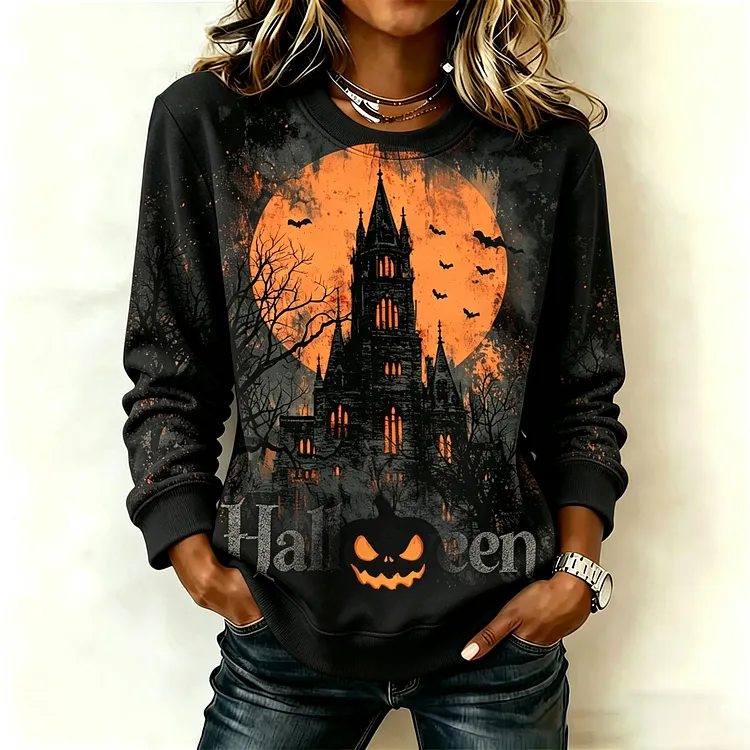 Women's Halloween-themed Gothic-style Printed Crewneck Sweatshirt