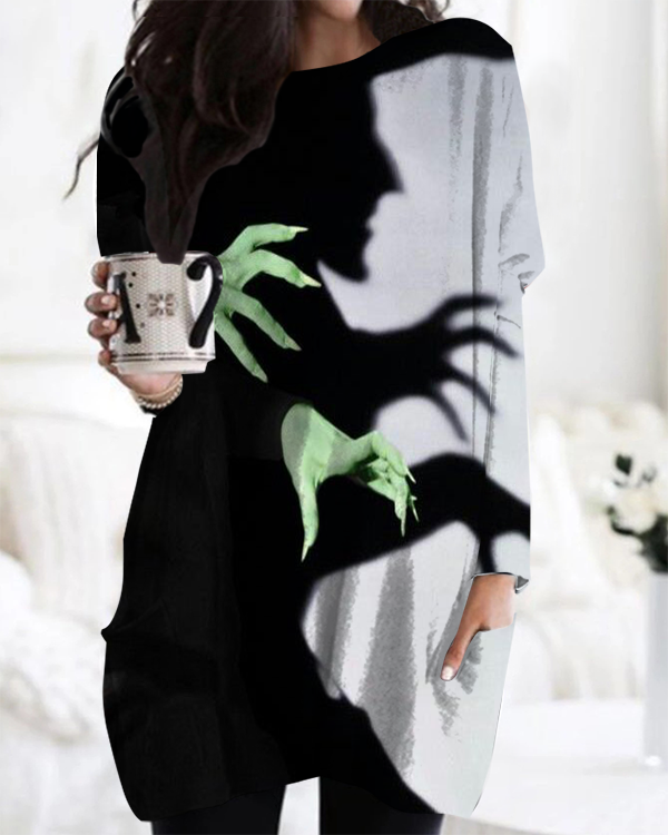 Halloween Witch Shadow Print Casual Crew Neck Midi Top