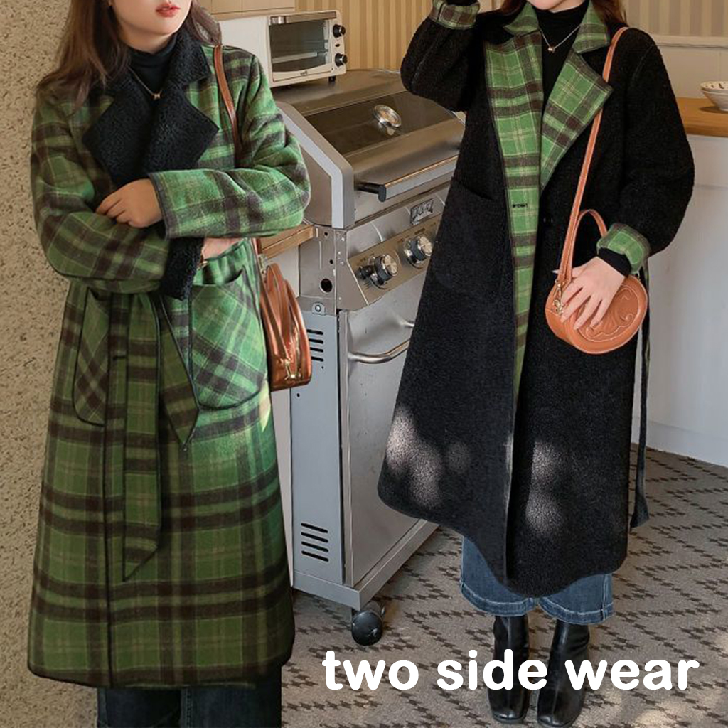 Women's Double-sided Woolen Coat With Retro Plaid And Belt