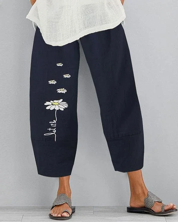 vintage daisy printed plus size women casual pants p256236