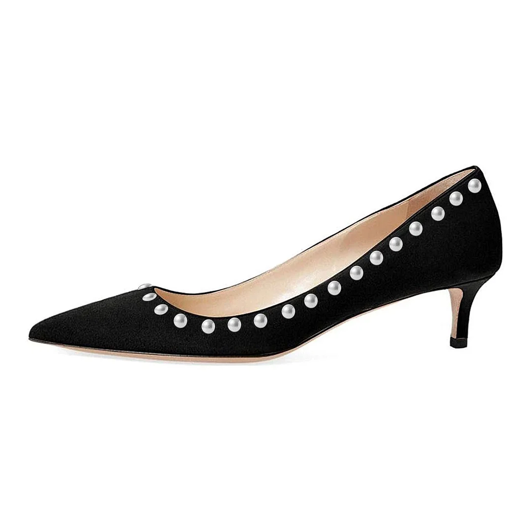 YDN Vegan Suede Pointed Toe Kitten Heel Pearl Trim Black Pumps