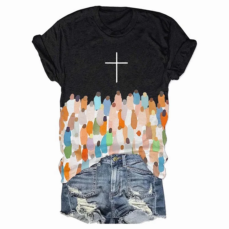 Women's Faith Respect Jesus Cross Print Crew Neck T-Shirt The Cold Blanket