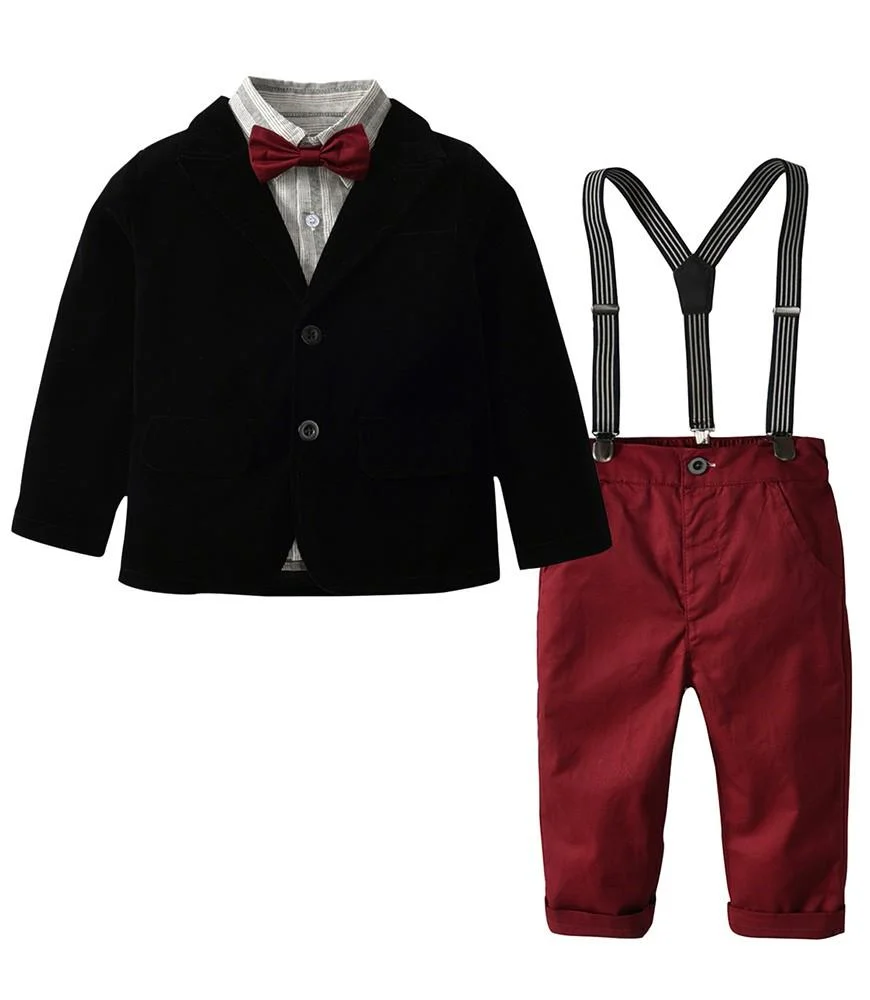 Buzzdaisy Boys Suit Black Blazer White Shirt And Red Suspender Pants Outfit Set