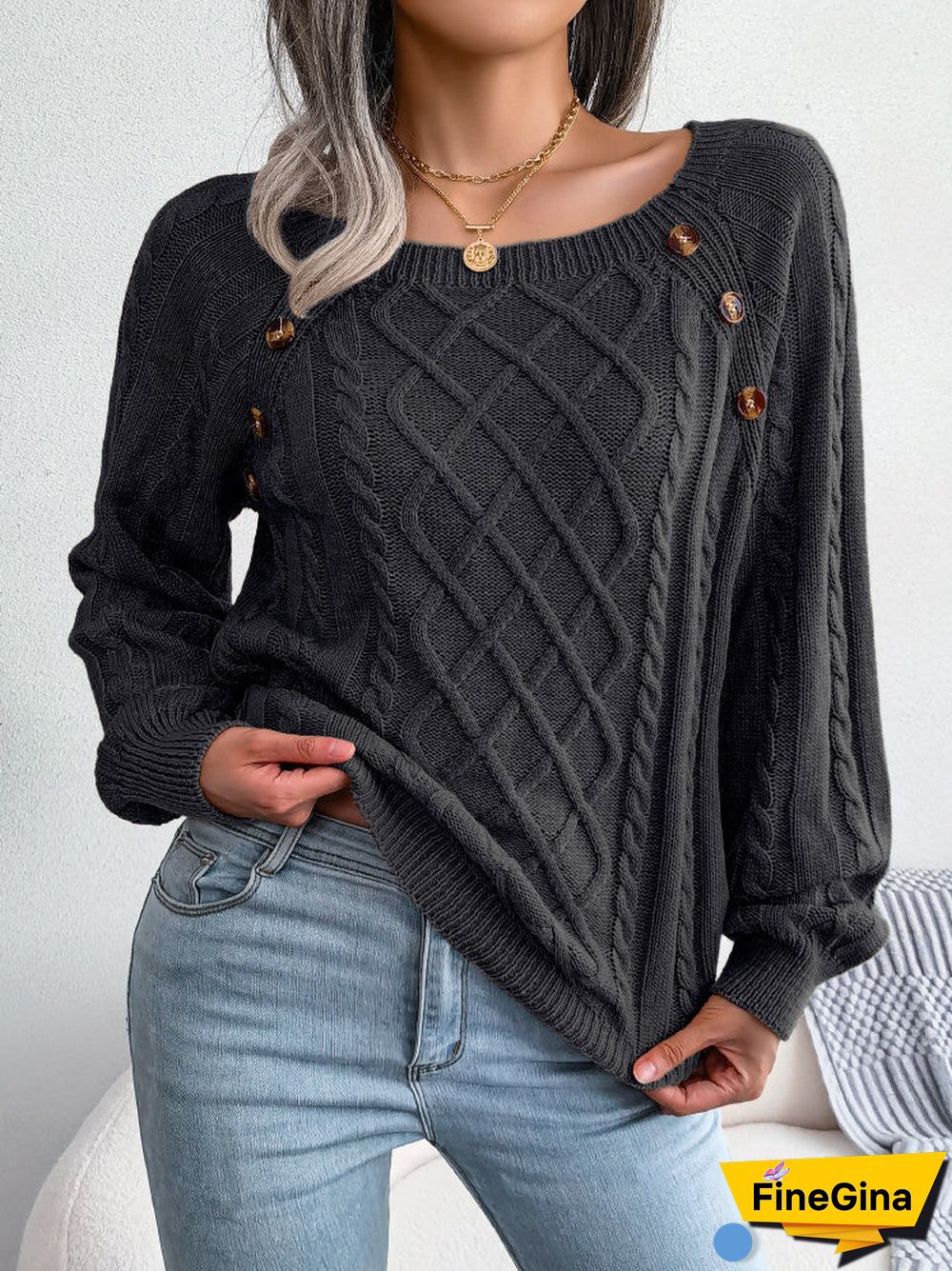 Women's  U-neck Slouchy Twist Knitting Long Sleeved Top