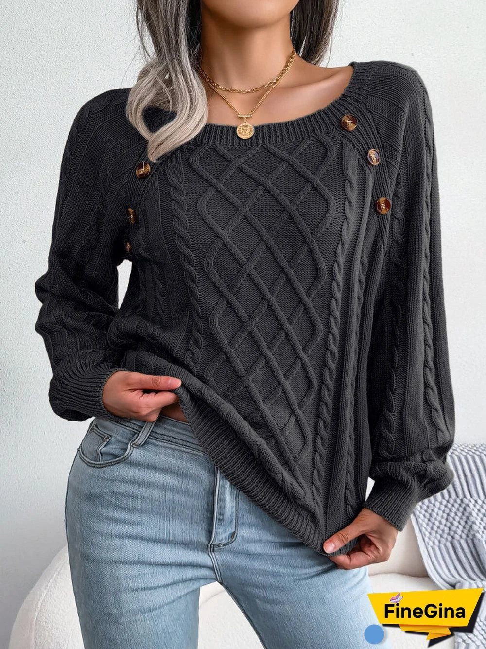 Women's  U-neck Slouchy Twist Knitting Long Sleeved Top