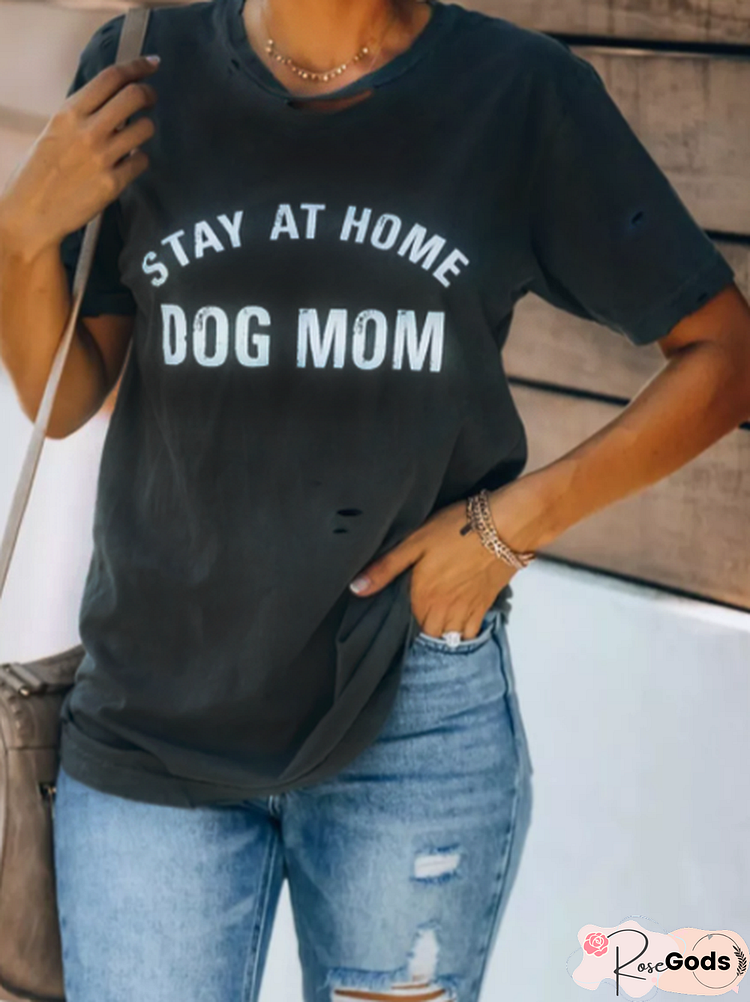 Gray Dog Mom Print Distressed Tee Vintage Letter T-Shirt