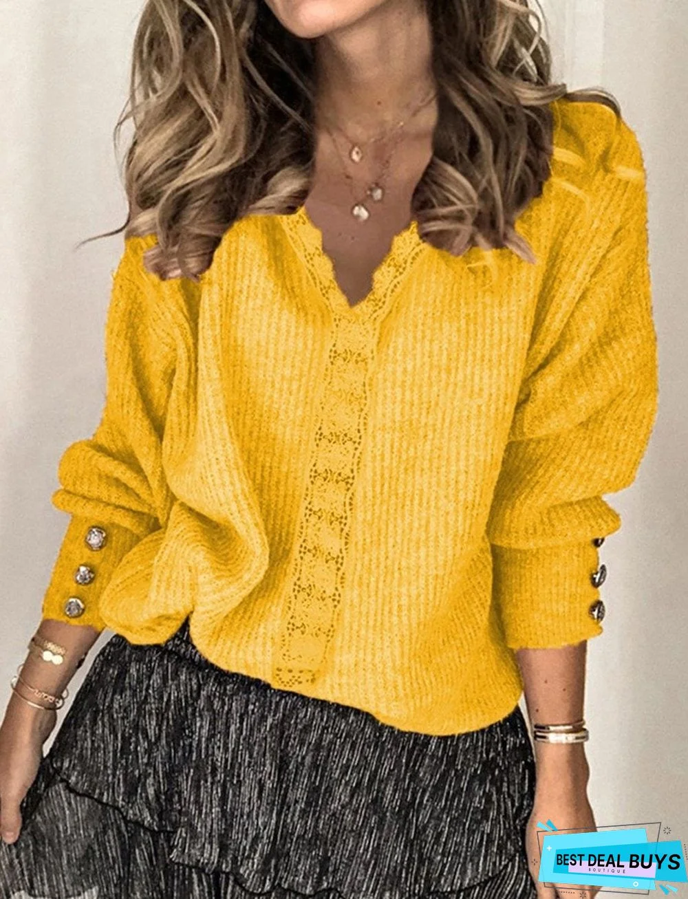 Lace V-Neck Loose Long Sleeve Pullover