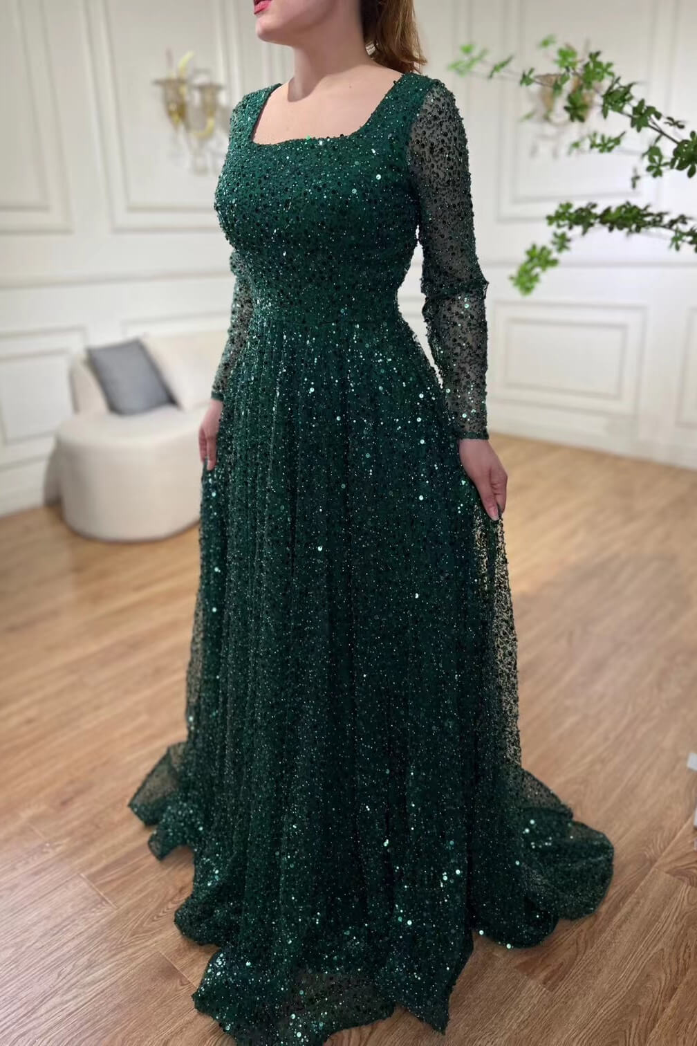 Bellasprom Dark Green Square Long Sleeves Mermaid Prom Dress Sequins Beads On Sale Bellasprom