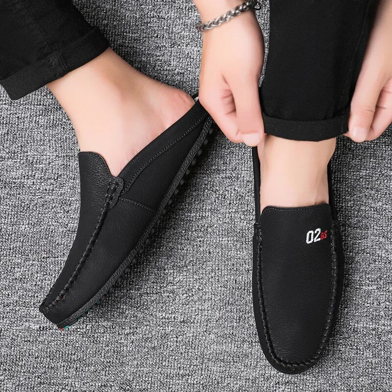 Half Shoes for Men Summer Backless Loafers Men Flats Mules Man Slip on Leather Slides Summer Mens Driving Shoes Casual Slipper