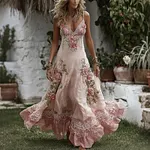 Women's Vintage Pink Rose Lace Art V Neck Suspender Maxi Dress - Image 2