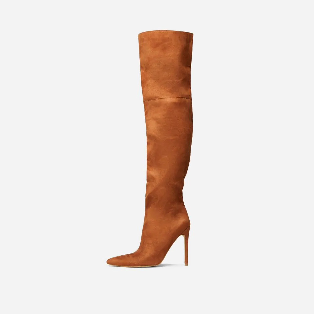 Brown Faux Suede Pointed Toe Stiletto Heel Over The Knee Boots Nicepairs