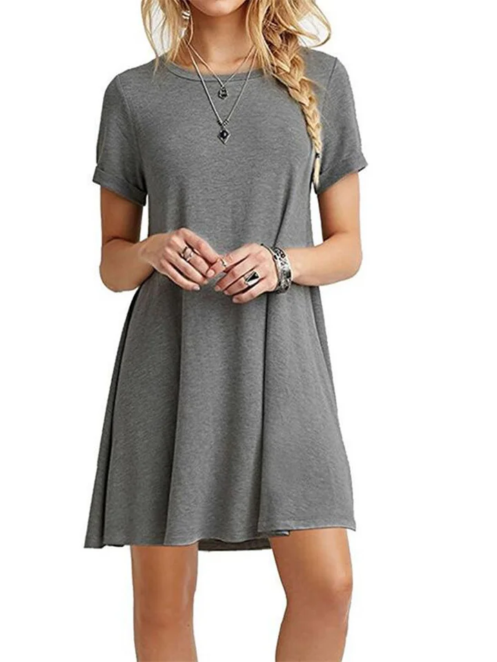 Summer Round Neck Short-sleeved Dress Women's New Hot Solid Color Dresses-Cosfine