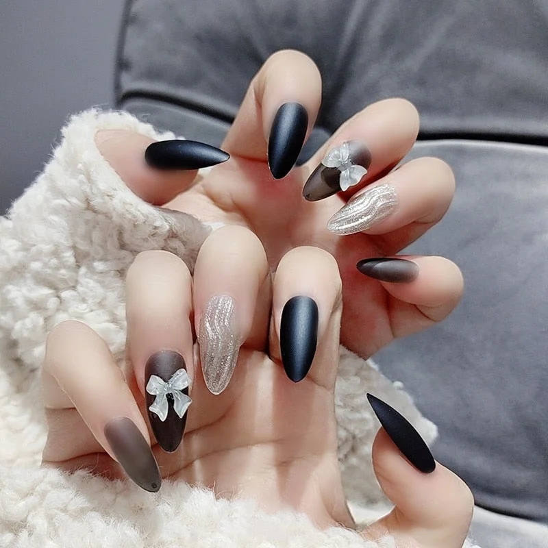 24 PCS Pointed Tip Glossy Fake Fingernails Dark Gothic Halloween makeup False Nail Tips Full Cover Press on Nails Tips With Glue 515-Nail Inspo