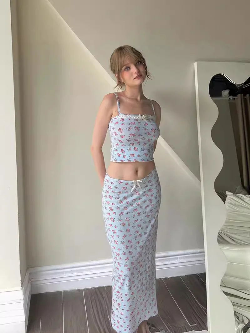 Uveng 2024Ins Fashion Small Fresh Flower Print Sling Small Vest Top Dress Set