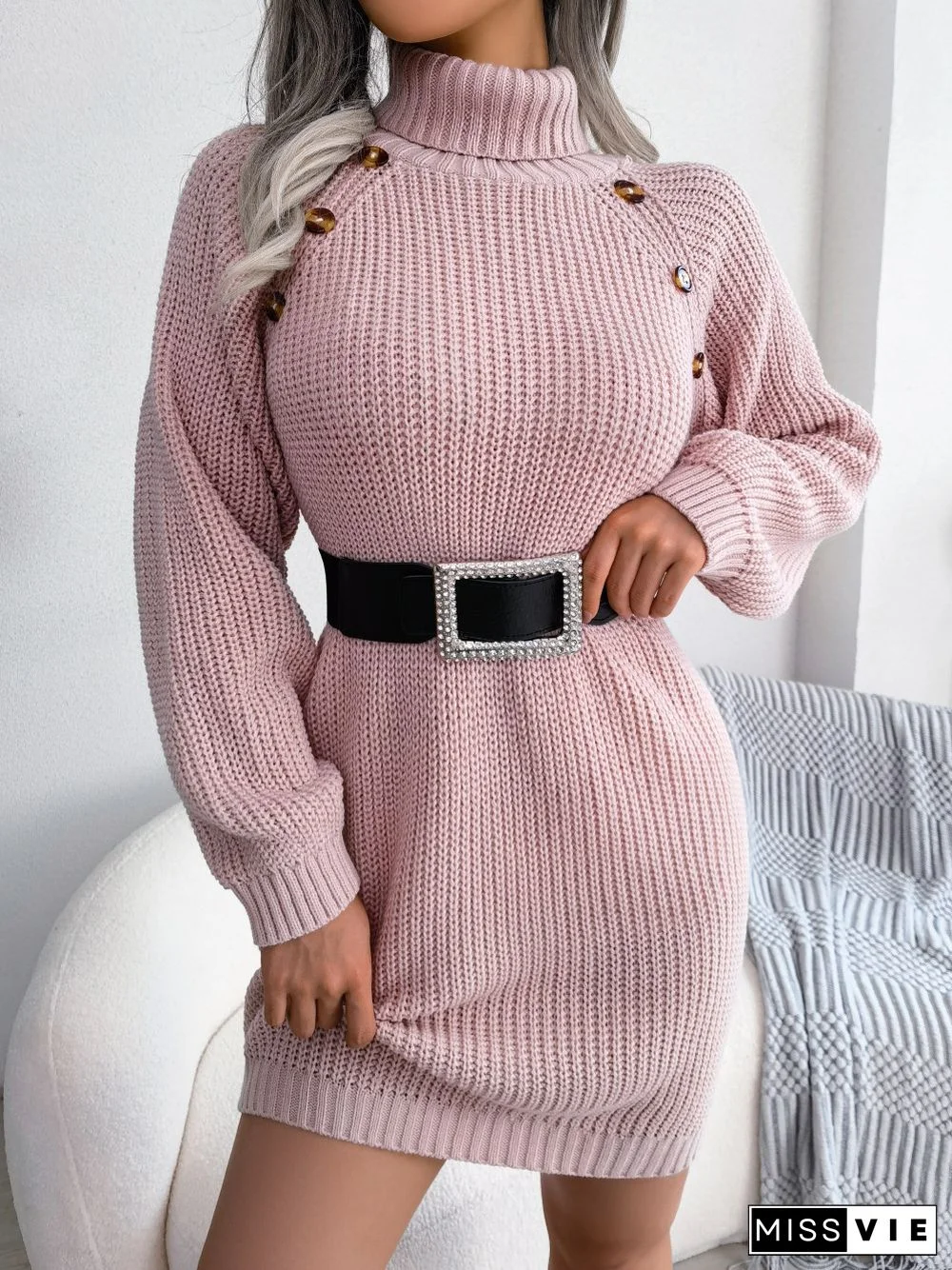 Casual Button Turtleneck Long Sleeve Bottom Sweater Dress