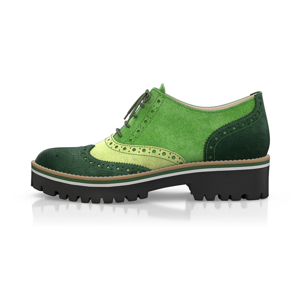 Green Faux Suede Round Toe Chunky Heel Four Tone Lace-Up Oxford Shoes Nicepairs