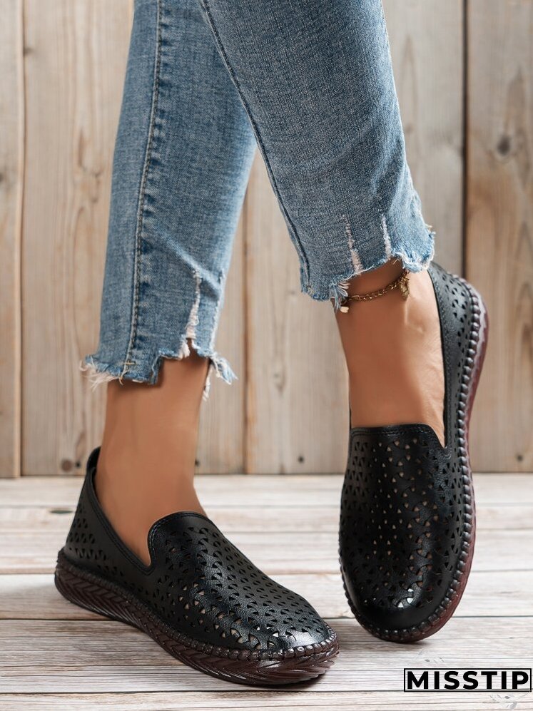 Women Comfortable Hollow Out Flats, Fashionable Black Loafer Flats