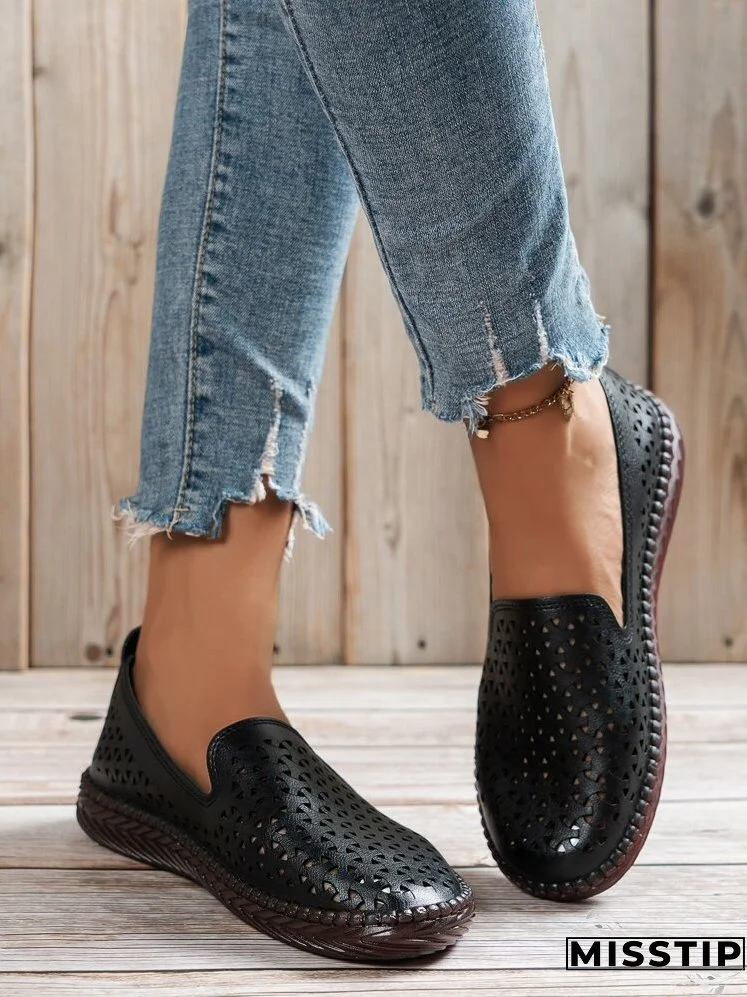Women Comfortable Hollow Out Flats, Fashionable Black Loafer Flats