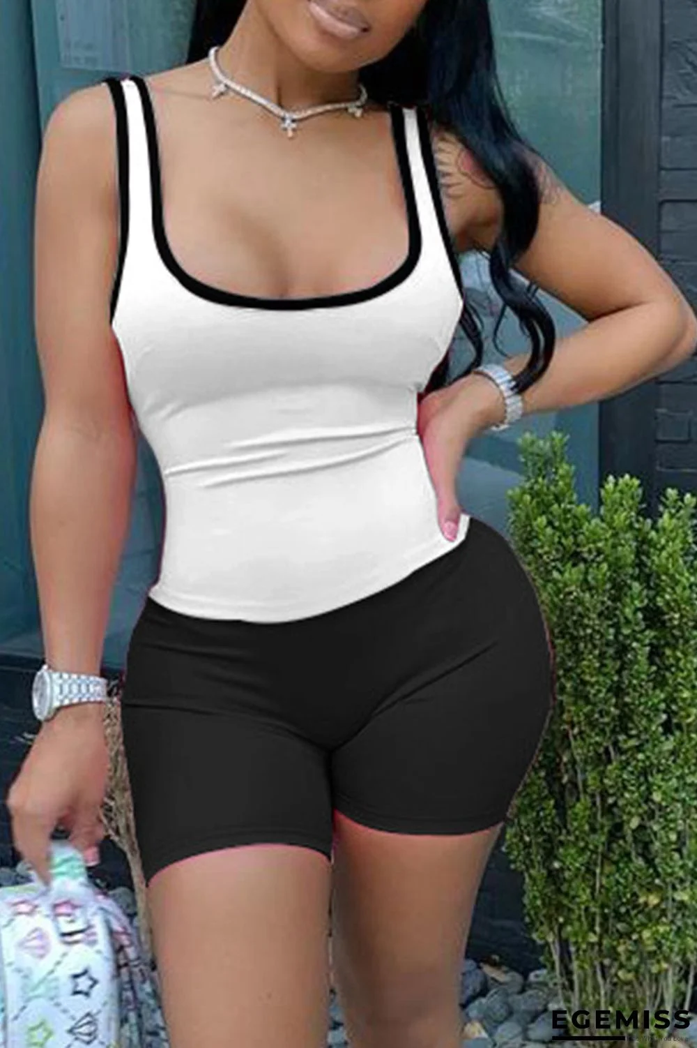 White Sexy Sportswear Solid Patchwork Spaghetti Strap Sleeveless Two Pieces | EGEMISS