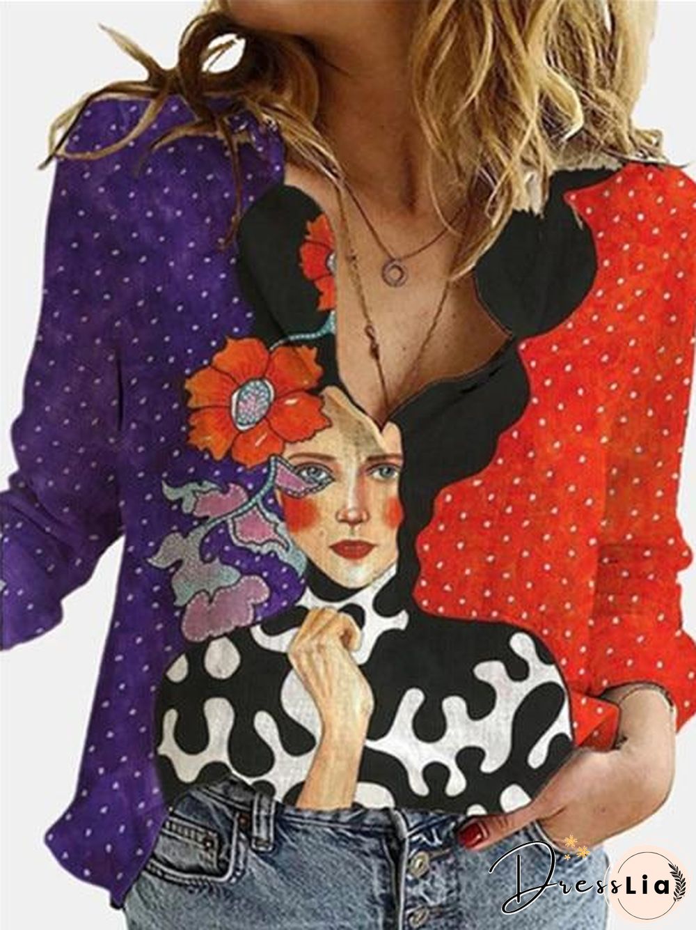 3D Digital Portrait Letter Printing Casual Women's Blouse Spring Autumn New Loose Button Cardigan Long Sleeve Ladies Shirt P10019