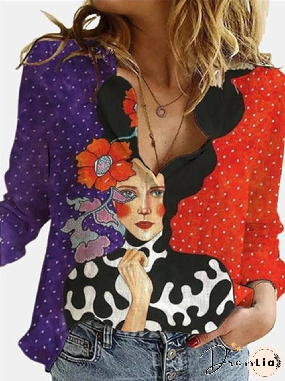 3D Digital Portrait Letter Printing Casual Women's Blouse Spring Autumn New Loose Button Cardigan Long Sleeve Ladies Shirt P10019