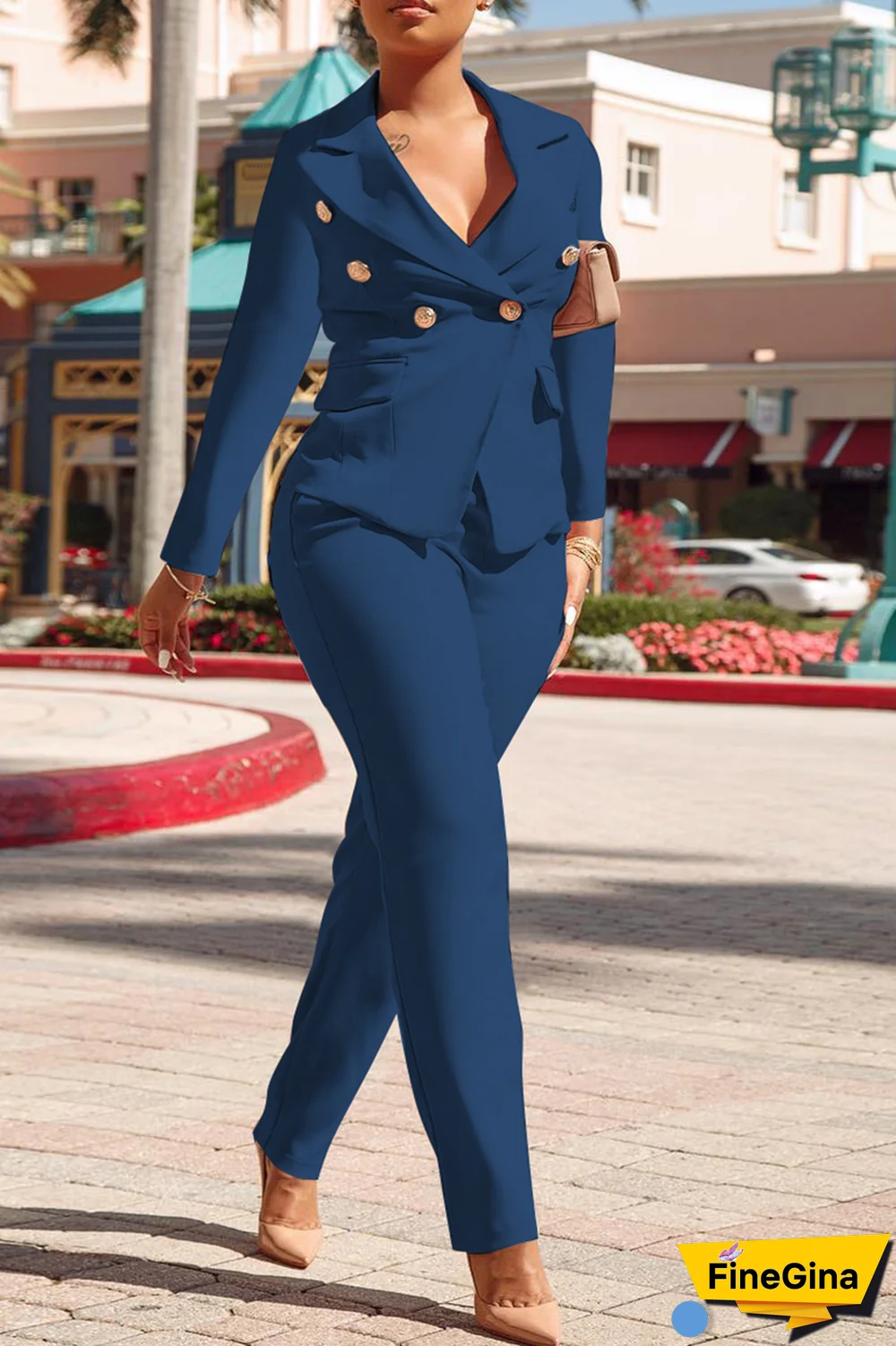 Pink Fashion Solid Buckle Turndown Collar Long Sleeve Two Pieces