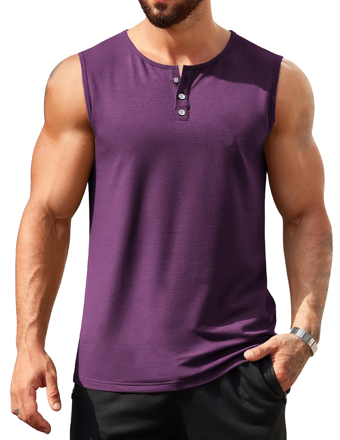 Men's Hawaiian Casual Comfort Button-Down Crew Neck Sleeveless Henley Shirt
