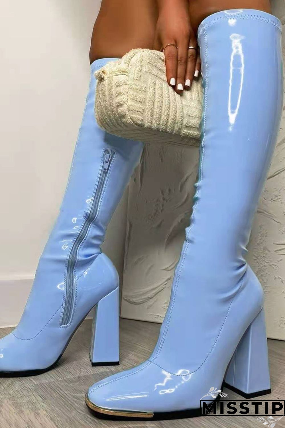 Light Blue Fashion Patchwork Solid Color Pointed Thick Heel High Heel Long Boots