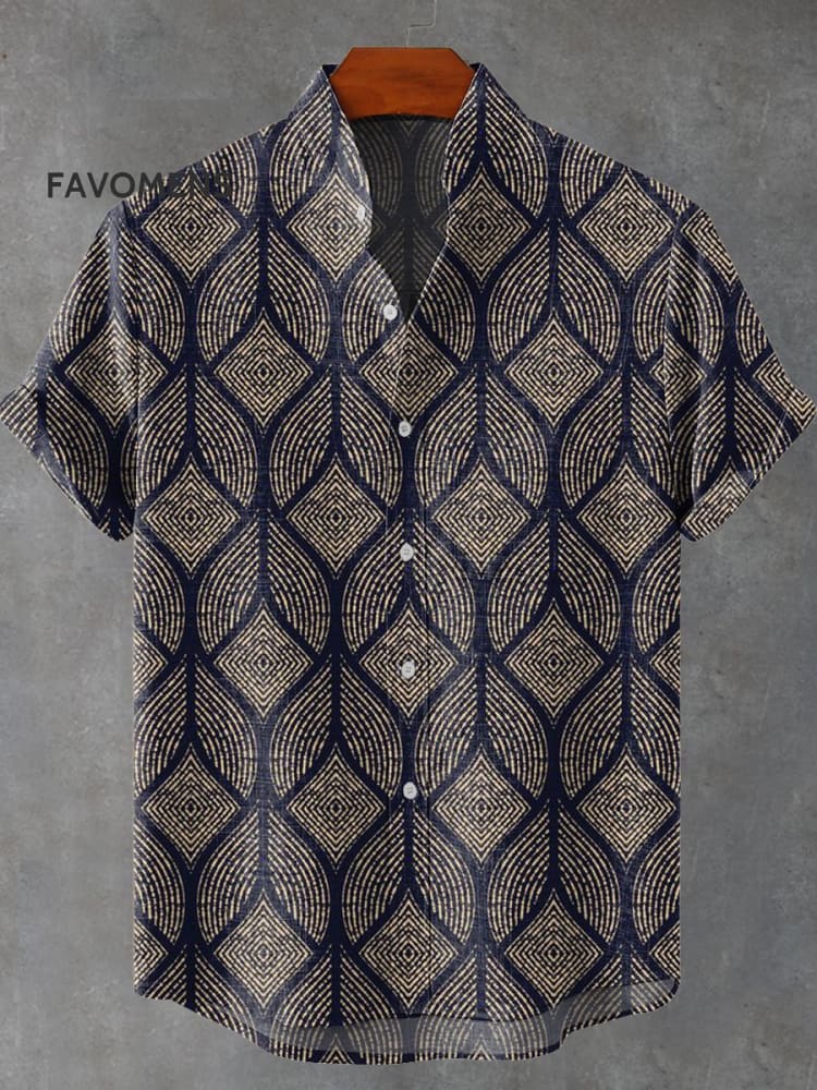 Retro Ethnic Geometric Pattern Print Casual 100% Cotton Shirt Multicolor / S