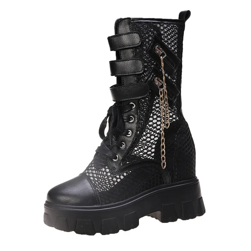 Chunky Platform Motorcycle Boots Women 2022 Summer Breathable Air Mesh Mid Calf Boots Woman Punk Height Increasing Shoes
