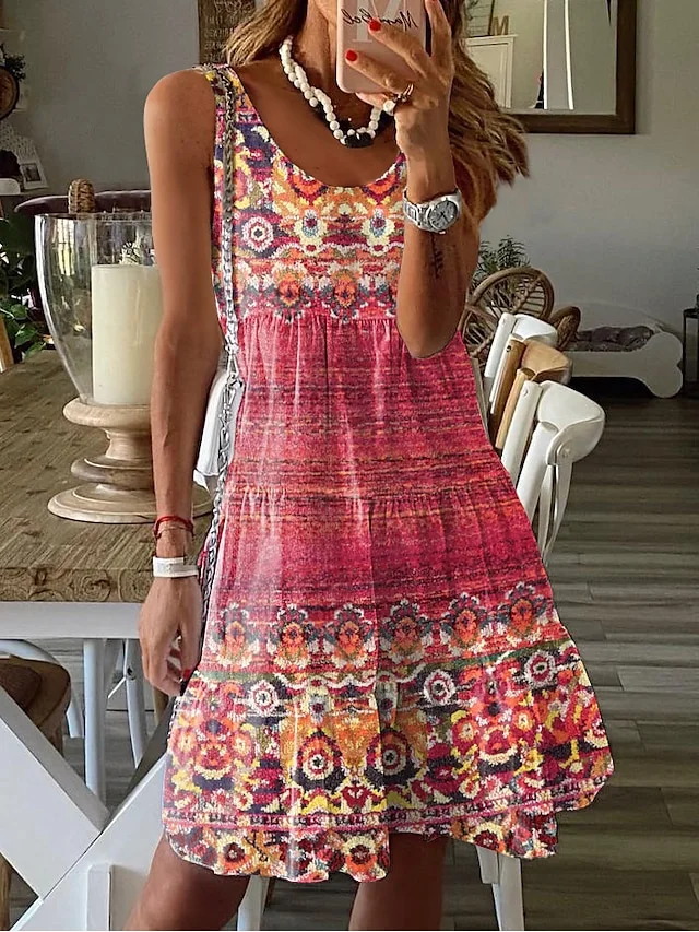 Women's Sundress Tank Dress Graphic Ruched Print U Neck Midi Dress Tropical Vacation Beach Sleeveless Summer Spring