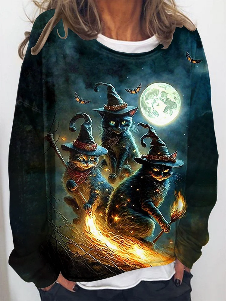 Women's Halloween Cat Print Casual Sweatshirt