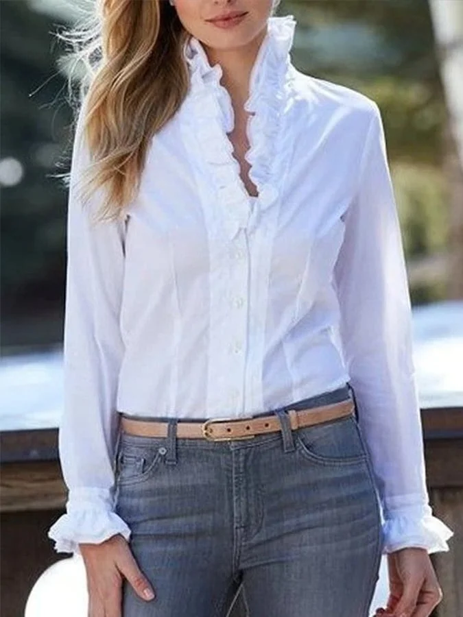 Women's Solid Color Ruffle Design Long Sleeve Casual Shirt