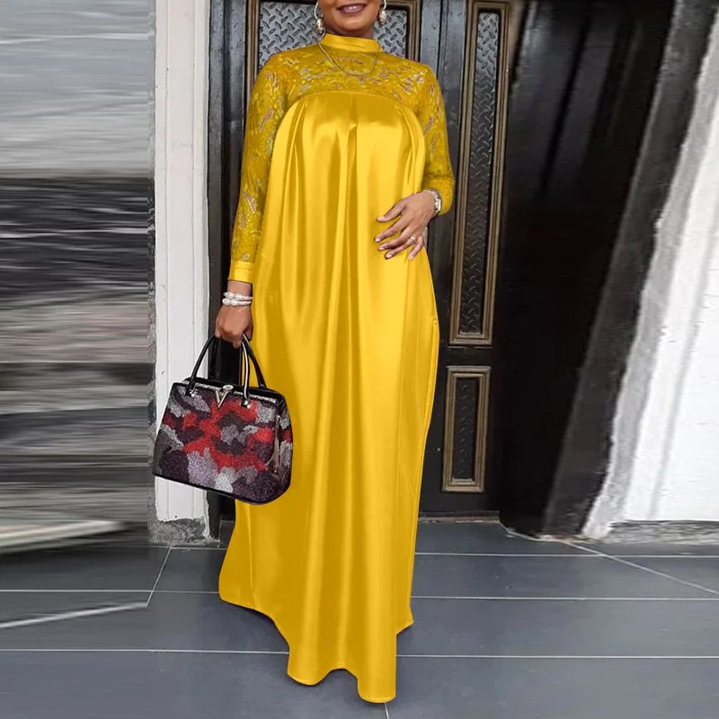 VONDA Women Lace Patchwork Maxi Dress 2022 Fashion Long Sleeve Stand Collar Vintage Long Dresses Casual Satin Silk Party Robe