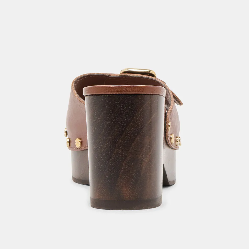 Brown Vegan Leather Open-Toe Buckle Decor Platform Mules with Studs