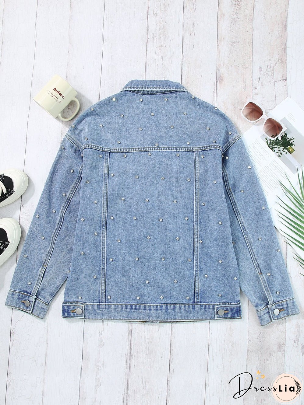 Light Wash Denim Jacket with Crystal Detail