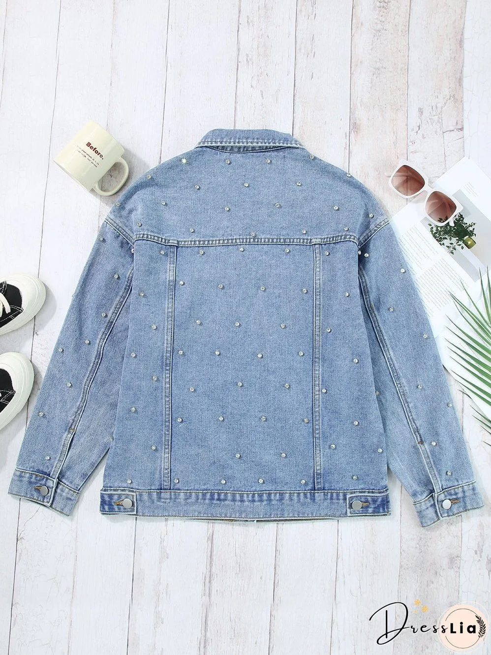Light Wash Denim Jacket with Crystal Detail