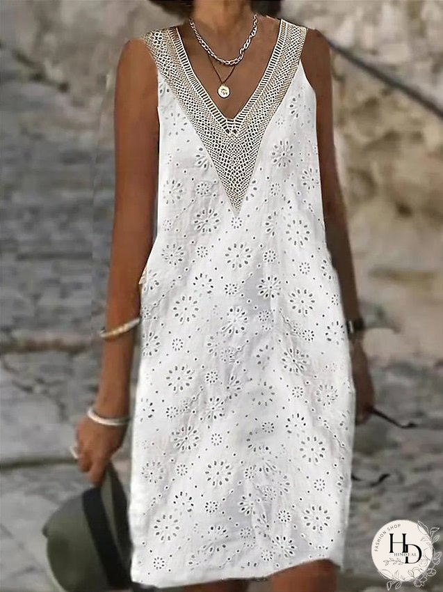 Casual Dress Shift Dress White Dress Plain Eyelet Lace Trim V Neck Midi Dress Fashion Modern Outdoor Daily Sleeveless Loose Fit White Summer Spring S M L XL XXL for Women