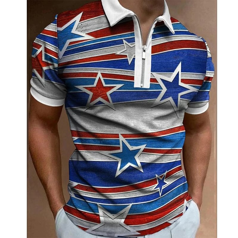 Flag Print Casual Short Sleeve Zipper Men's Polo Shirts-VESSFUL