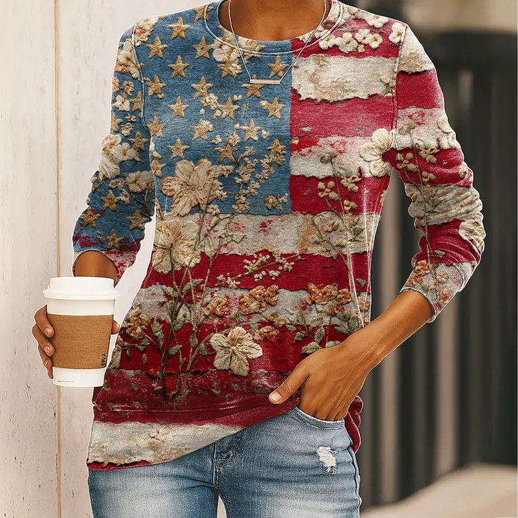 US 250th Anniversary Women's Retro Floral Flag Art Print Casual Sweatshirt