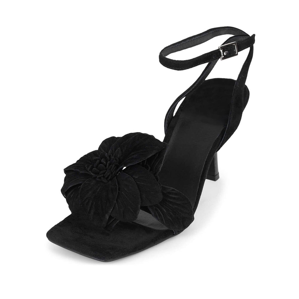 Black Velvet Square Toe Kitten Heel Floral Inlay Ankle Strap Sandals Nicepairs