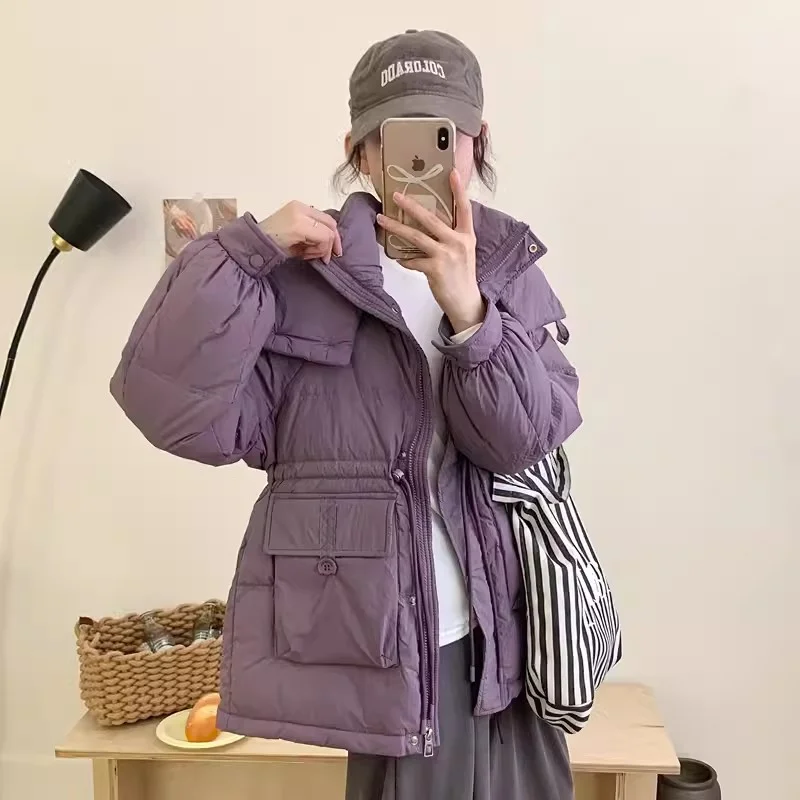 Toloer Half-Round Button Short Down Jacket Female 2024 Winter New Hat Add Thick Waist Show Thin Overalls Warm Coat-Outfit Ideas