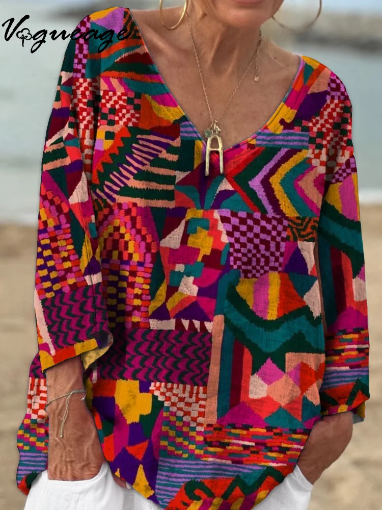 Color Lines Stitching Color Blocks 3/4 Sleeves Printed Cotton And Linen Shirt