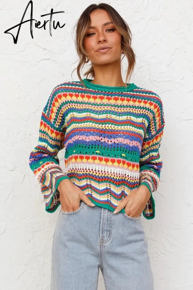 Autumn Winter Color Block Striped Sweaters Women Loose Pullover Tops Casual Long Flared Sleeves Round Collar Knit Tops Aiertu