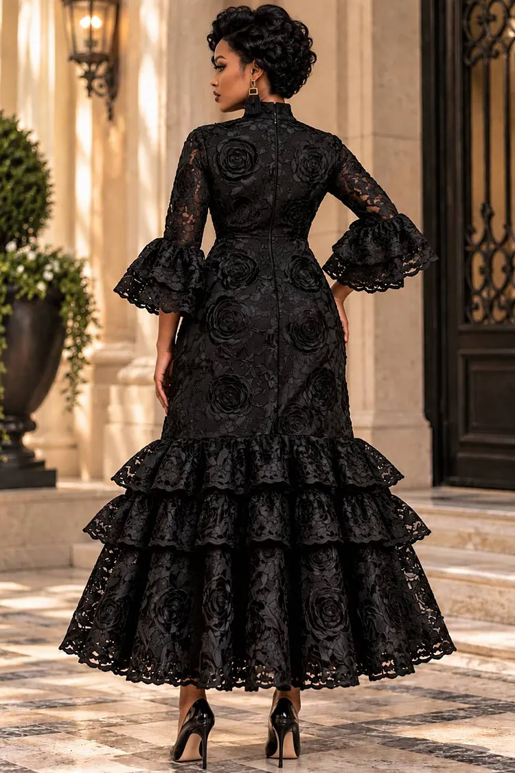 midi dress plus size formal Xpluswear Design Black Stand-Up Collar Flare Long Sleeve Ruffle Dresses [Pre-Order] plus size cocktail attire for wedding