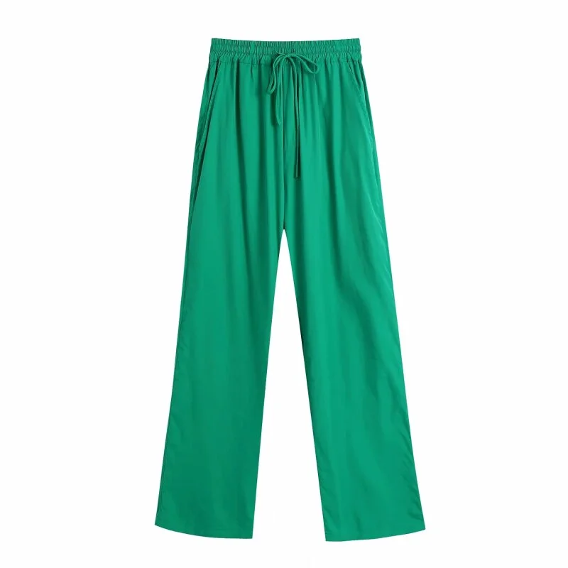 SLMD 2021 Women Green Sets Female Fashion Pocket O-Neck Shirts Drawstring Elastic Waist Back Pockets Pants Ladies Casual Sets