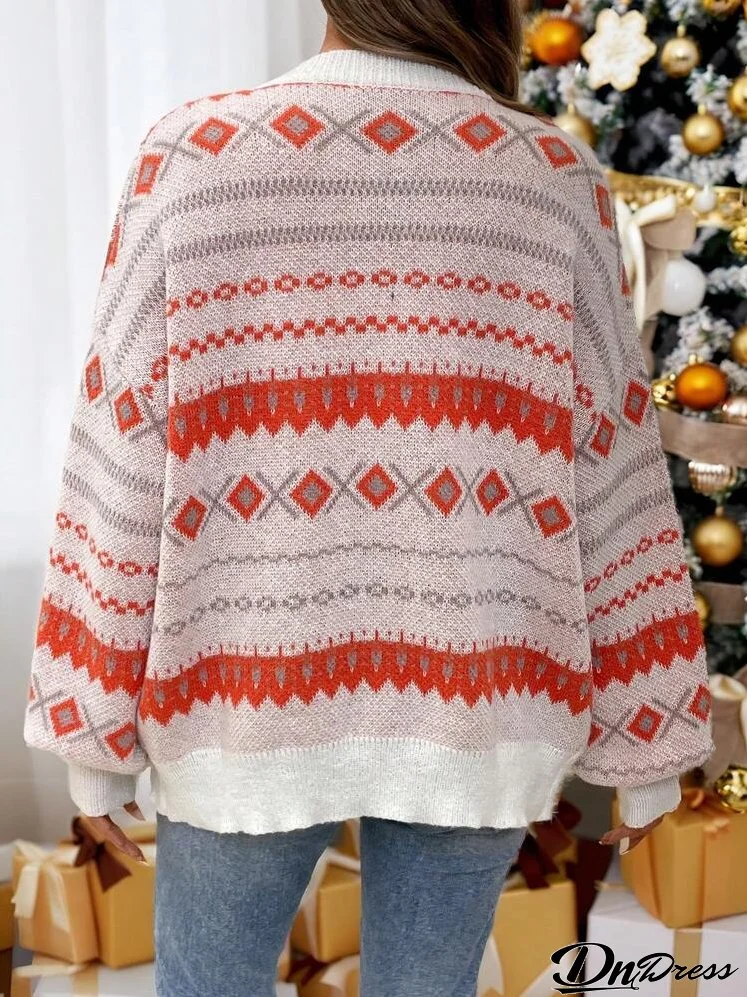 Women Geometric Pattern Drop Shoulder Casual Cardigan, Autumn/Winter