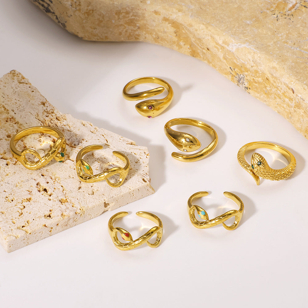 Best-Selling Snake-Shaped Inlaid Zircon Classic Open Stainless Steel Hand Jewelry Gold-Plated Texture Ring Couple