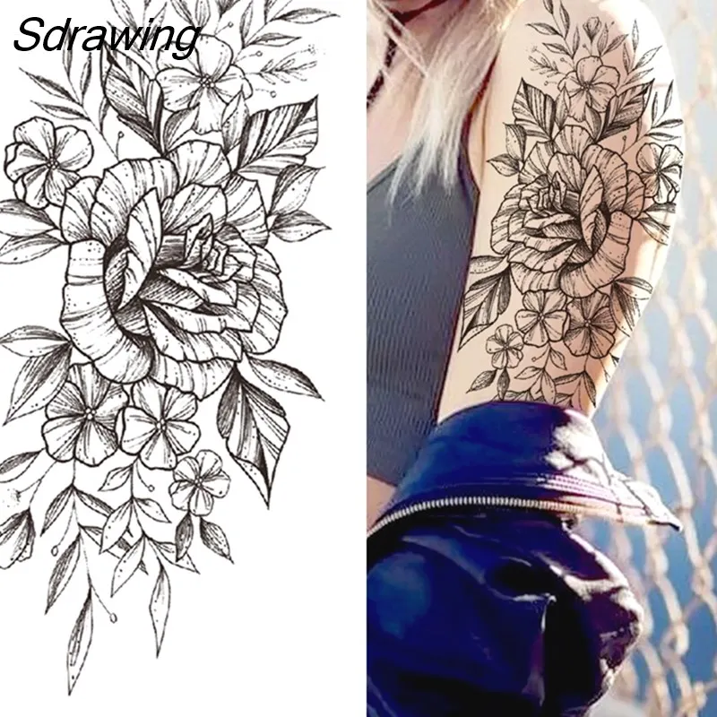 Sdrawing Fake Peony Temporary Tattoos For Women Girl Black Rose Elephant Flower Tattoo Sticker Tiger Anemone Tatoos Half Sleeve 1020-0